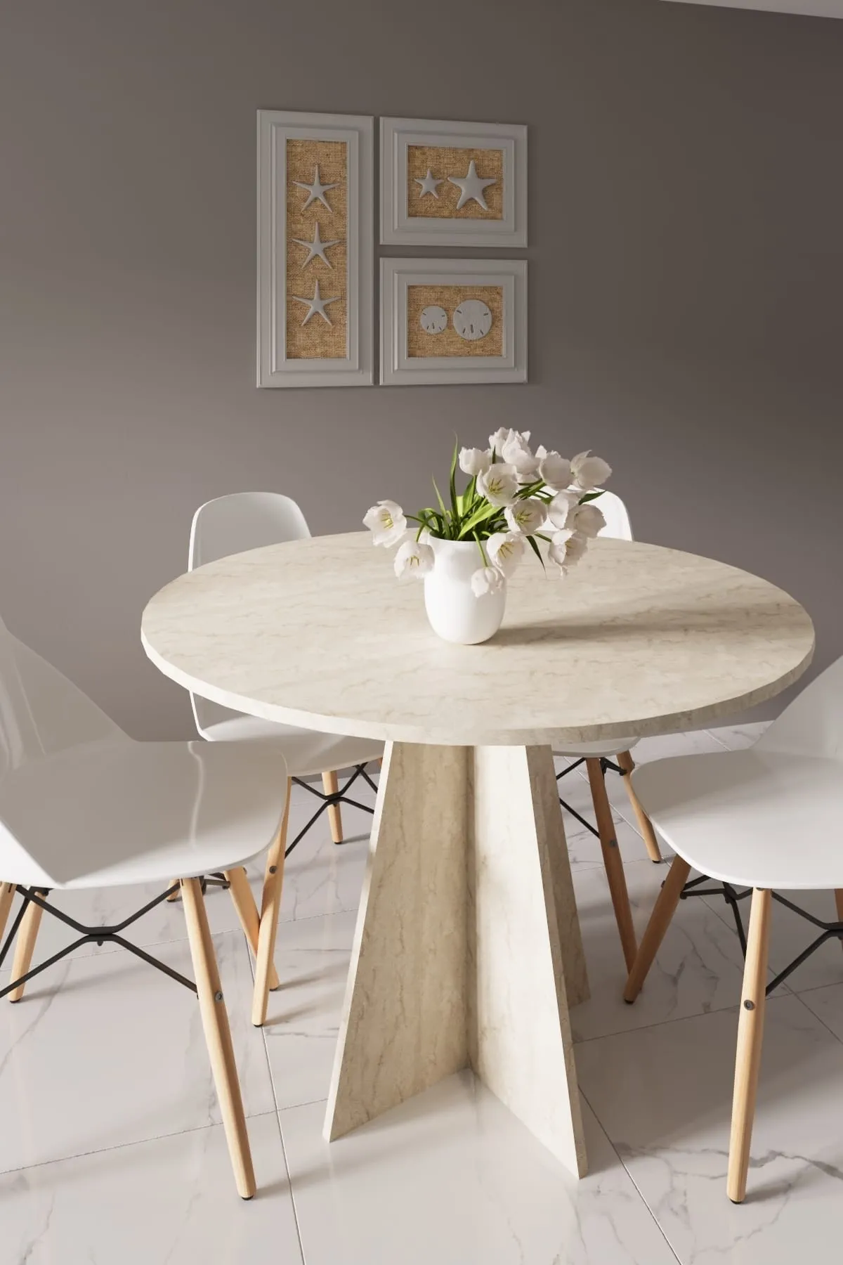Modern Yuvarlak 100cm Yemek Masası-mutfak Masası Traverten (SANDALYELER TEMSİLİDİR)