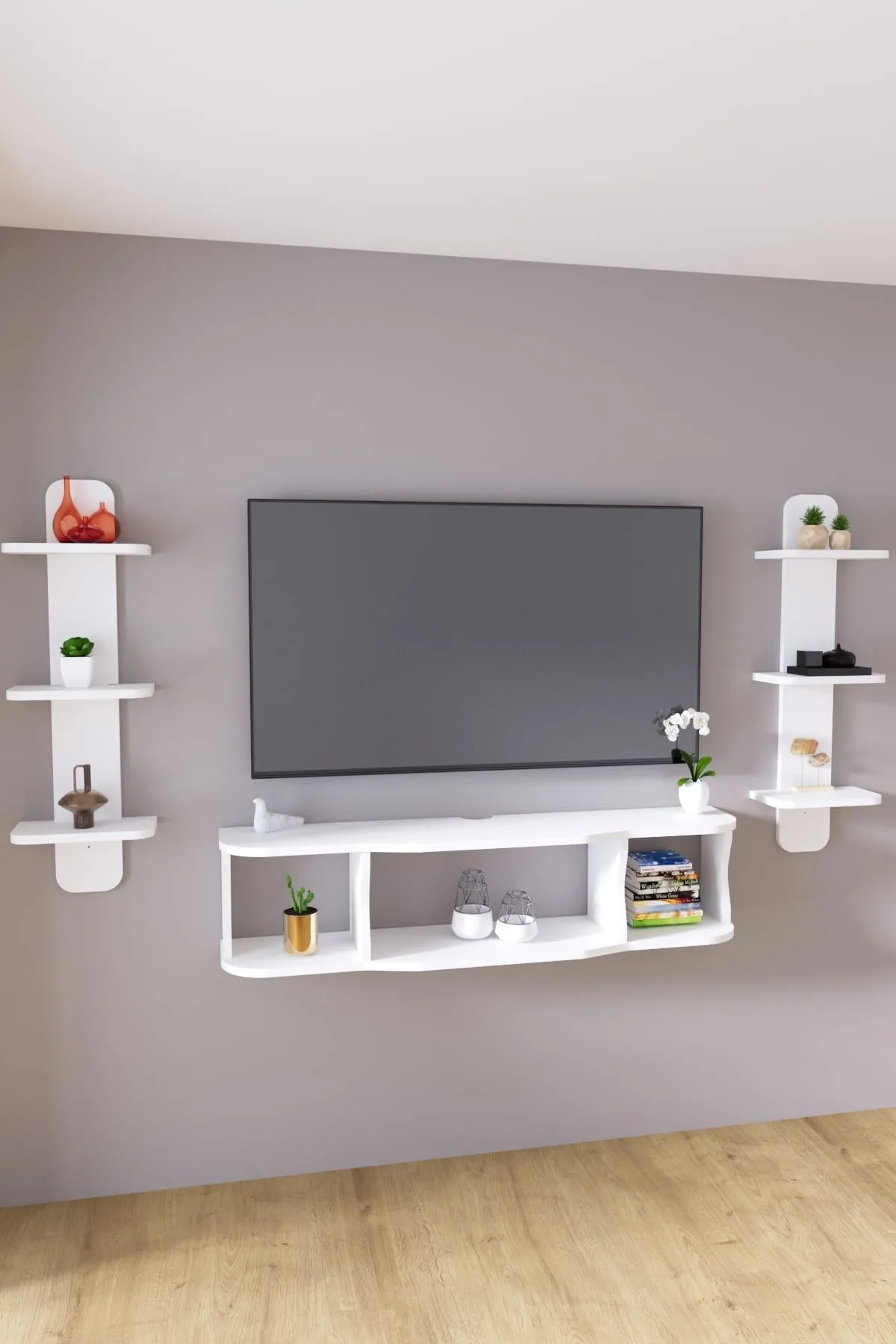 120cm Ayaksız Duvara Monteli Tv Ünitesi Ve 2 Adet 90cm Uzunluk Duvar Rafı Mat Beyaz