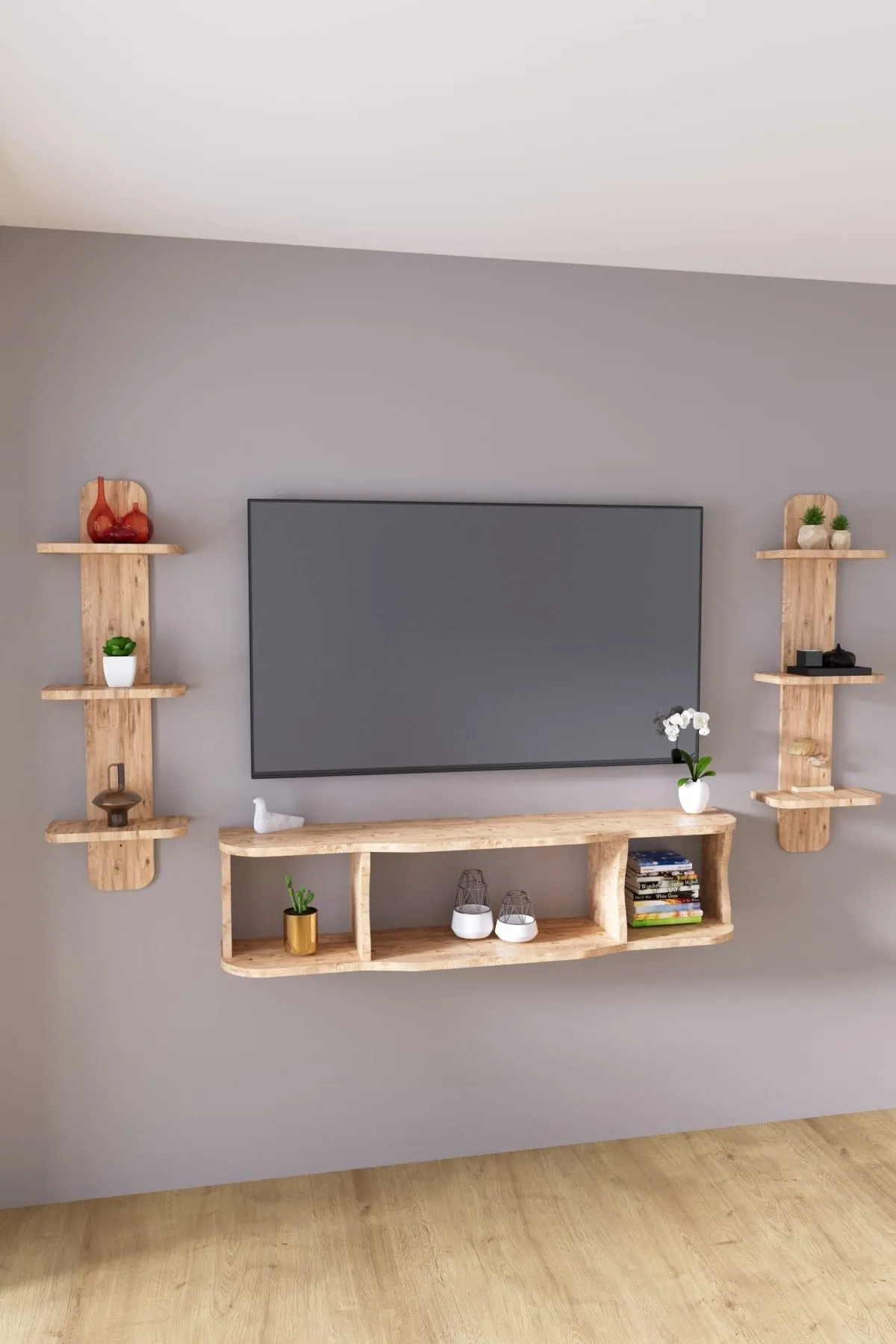 120cm Ayaksız Duvara Monteli Tv Ünitesi Ve 2 Adet 90cm Uzunluk Duvar Rafı Atlantik Çam