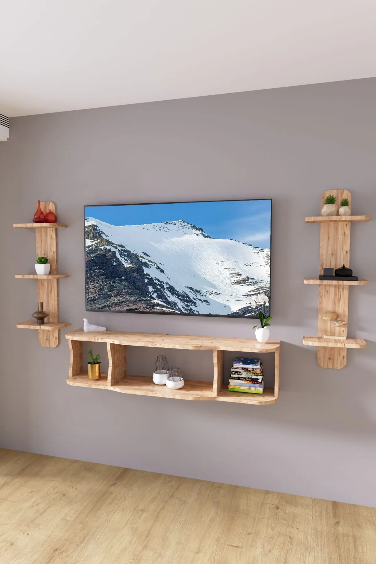 120cm Ayaksız Duvara Monteli Tv Ünitesi Ve 2 Adet 90cm Uzunluk Duvar Rafı Atlantik Çam
