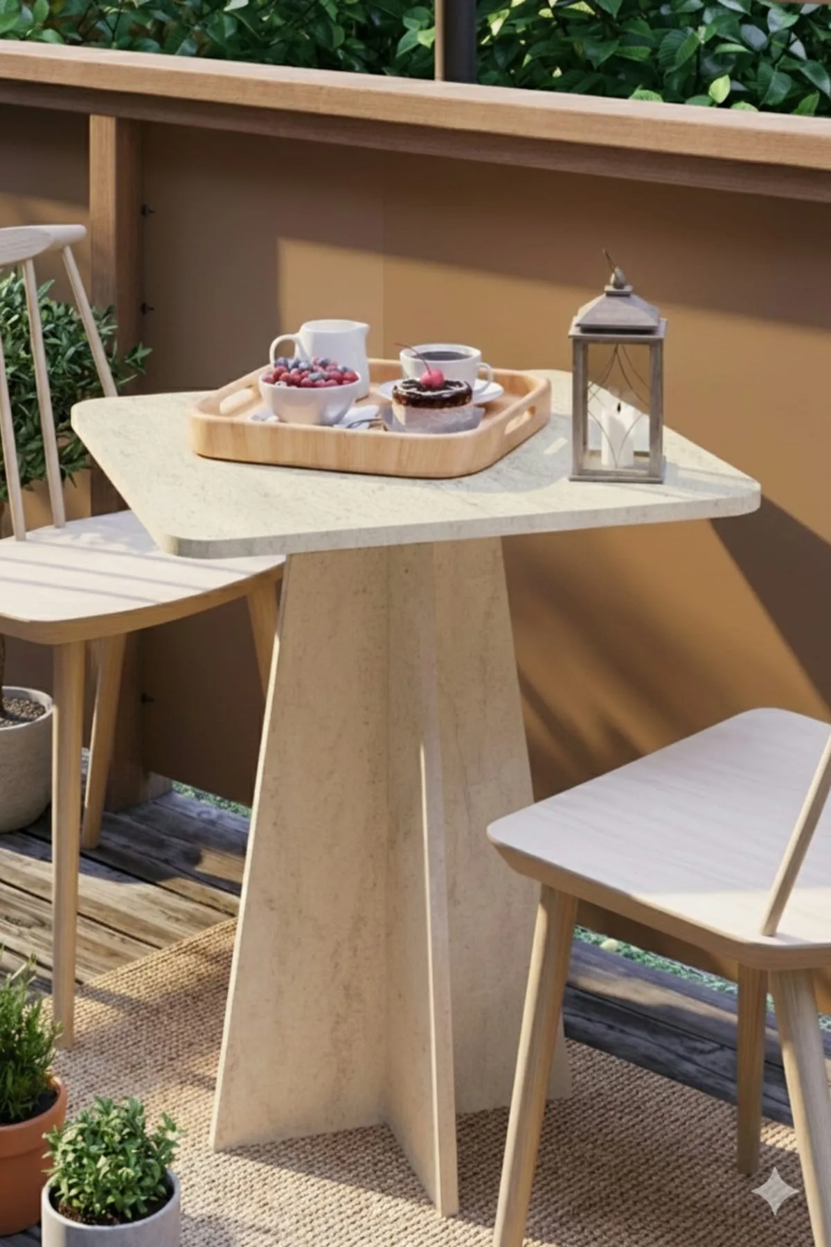 Modern 60cm Kare Yemek Masası-Balkon Masası-Mutfak Masası Traverten (SANDALYELER TEMSİLİDİR)