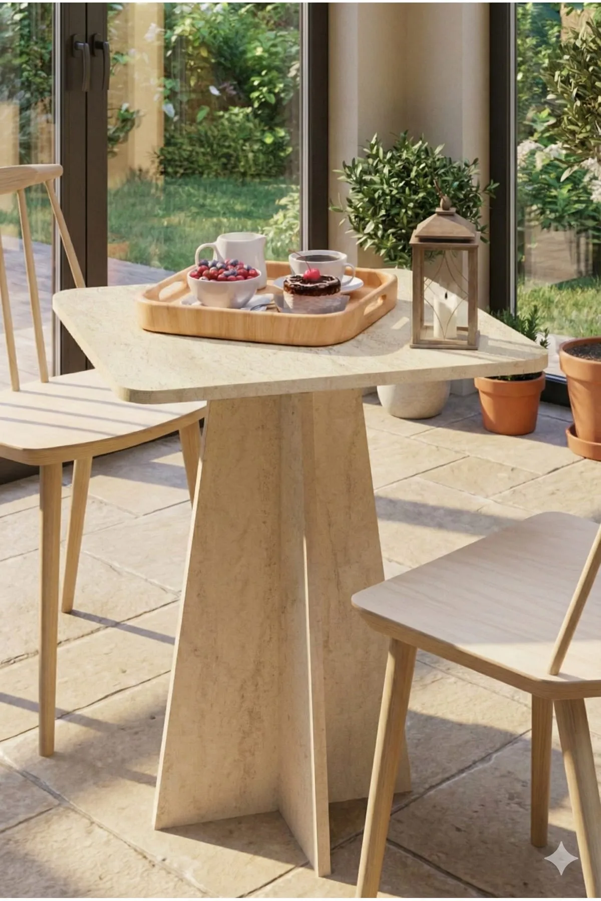 Modern 60cm Kare Yemek Masası-Balkon Masası-Mutfak Masası Traverten (SANDALYELER TEMSİLİDİR)
